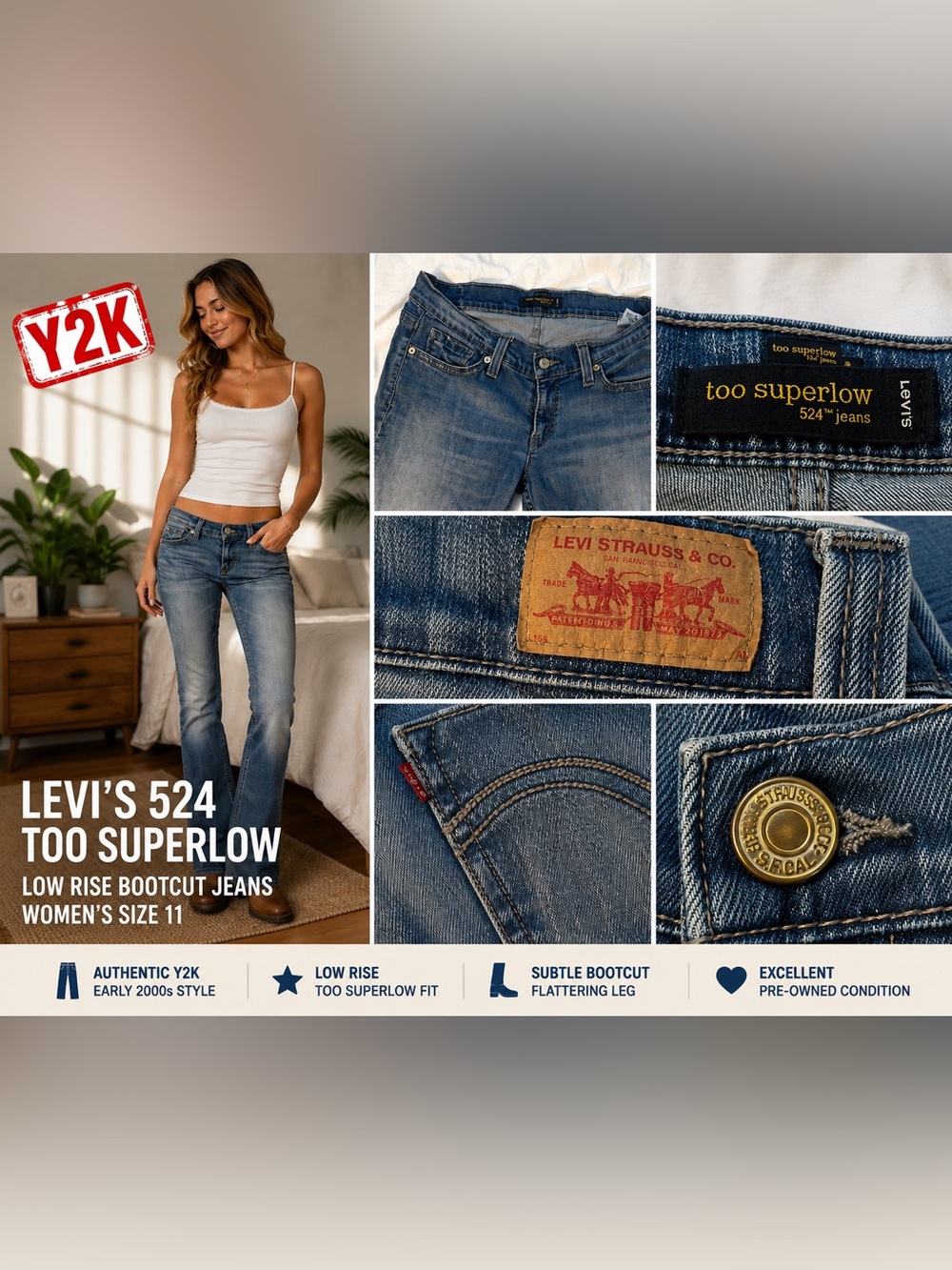 Levi’s 524 Too Superlow Jeans Womens 11 Y2K Low Rise Bootcut Medium Wash
